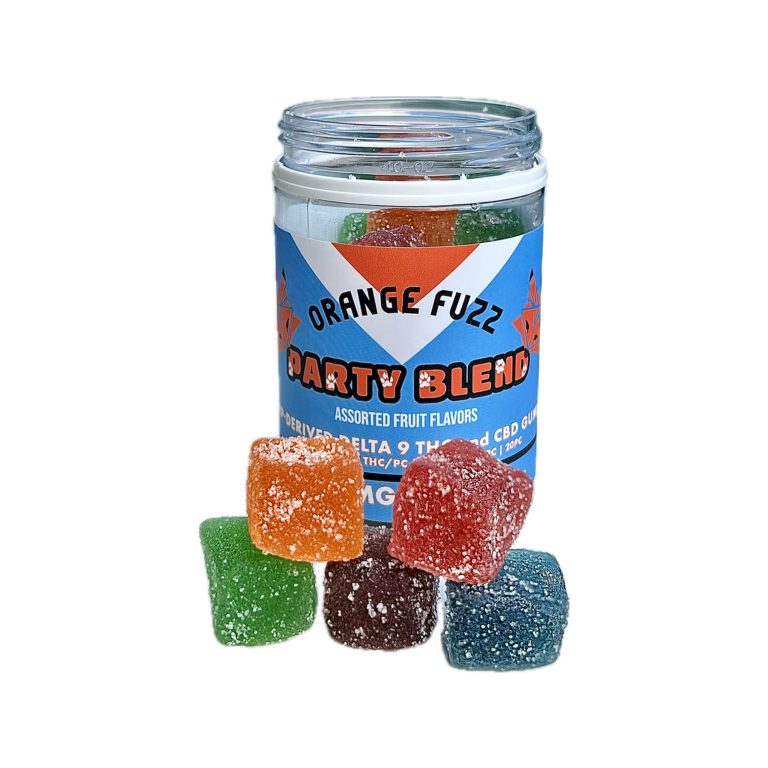 Jar of Orange Fuzz Hemp Party Blend D9 Gummies with 5 out on display