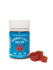 Orange_Fuzz_Relax-Gummies CBD CBG CBN Bottle and stack of gummies