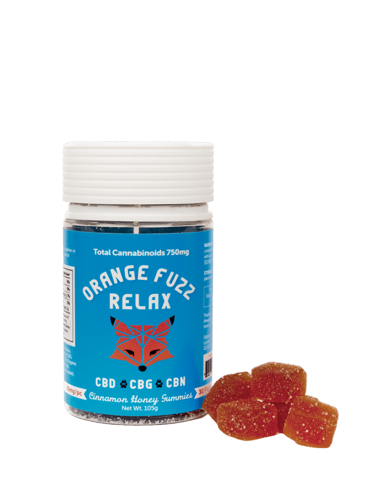 Orange_Fuzz_Relax-Gummies CBD CBG CBN Bottle and stack of gummies
