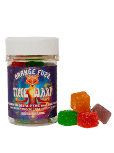 Orange_Fuzz_Time-Warp-Gummies Delta 9 THCa and THCp Bottle and stack of gummies
